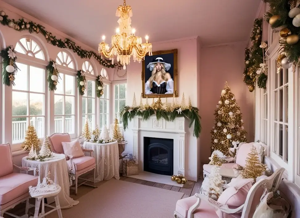 Scena natalizia Shabby Chic 2025 con decorazioni raffinate e dettagli romantici che richiamano un’atmosfera calda e incantata.