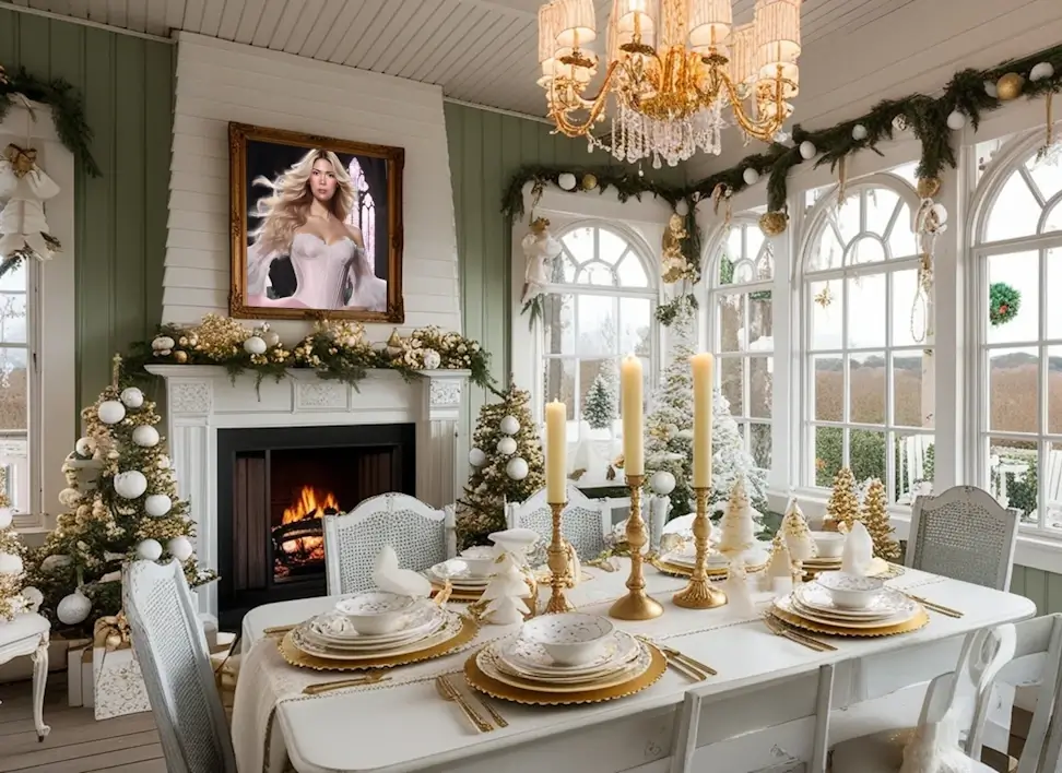 Atmosfera natalizia Shabby Chic 2025 con dettagli eleganti e tonalità delicate che richiamano una casa raffinata per le feste.